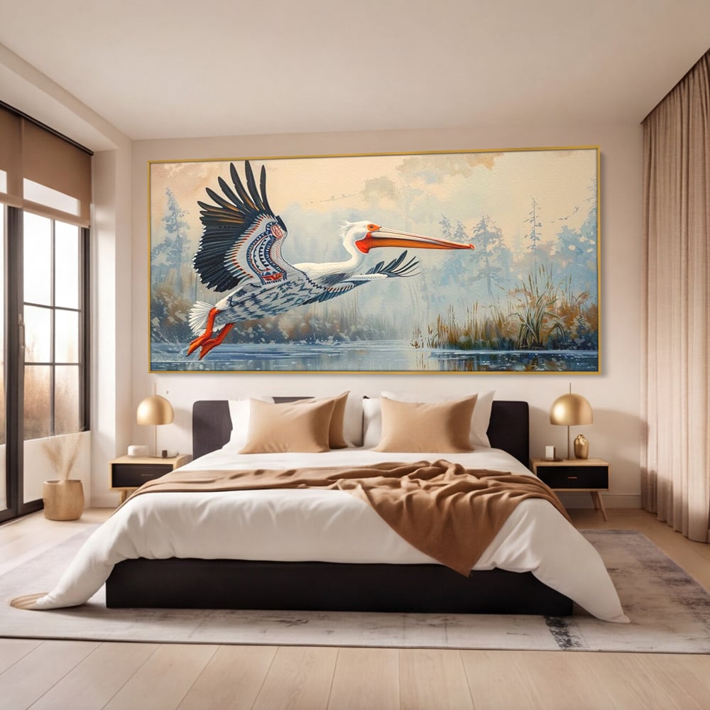 Tablou canvas cu tablou canvas cu pelican in zbor, in rama de aluminiu auriu, pe perete intr-un dormitor